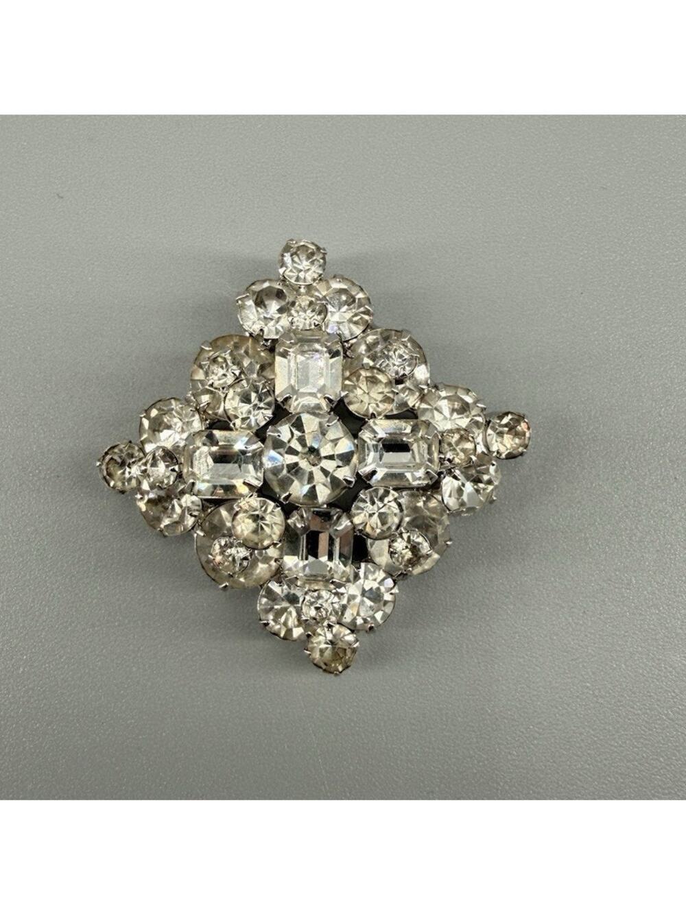 Vintage Art Deco Raised Domed Rhinestone Brooch Clear Crystal Silver Tone Brooch